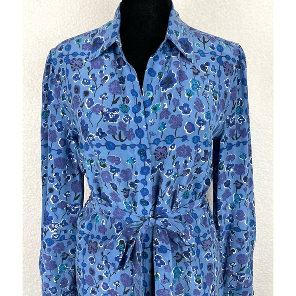 EQUIPMENT • Femme Rosalee Blue Floral Printed Long Sleeve Silk Mini Dress - Picture 5 of 16